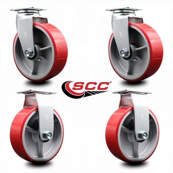 6 Inch Red Poly on Cast Iron Caster Set with Ball Bearings 2 Swivel 2 Rigid